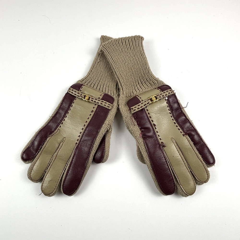 Vintage English Village Knit Leather Driving Gloves Womens Tan‎ Burgundy Gold CC